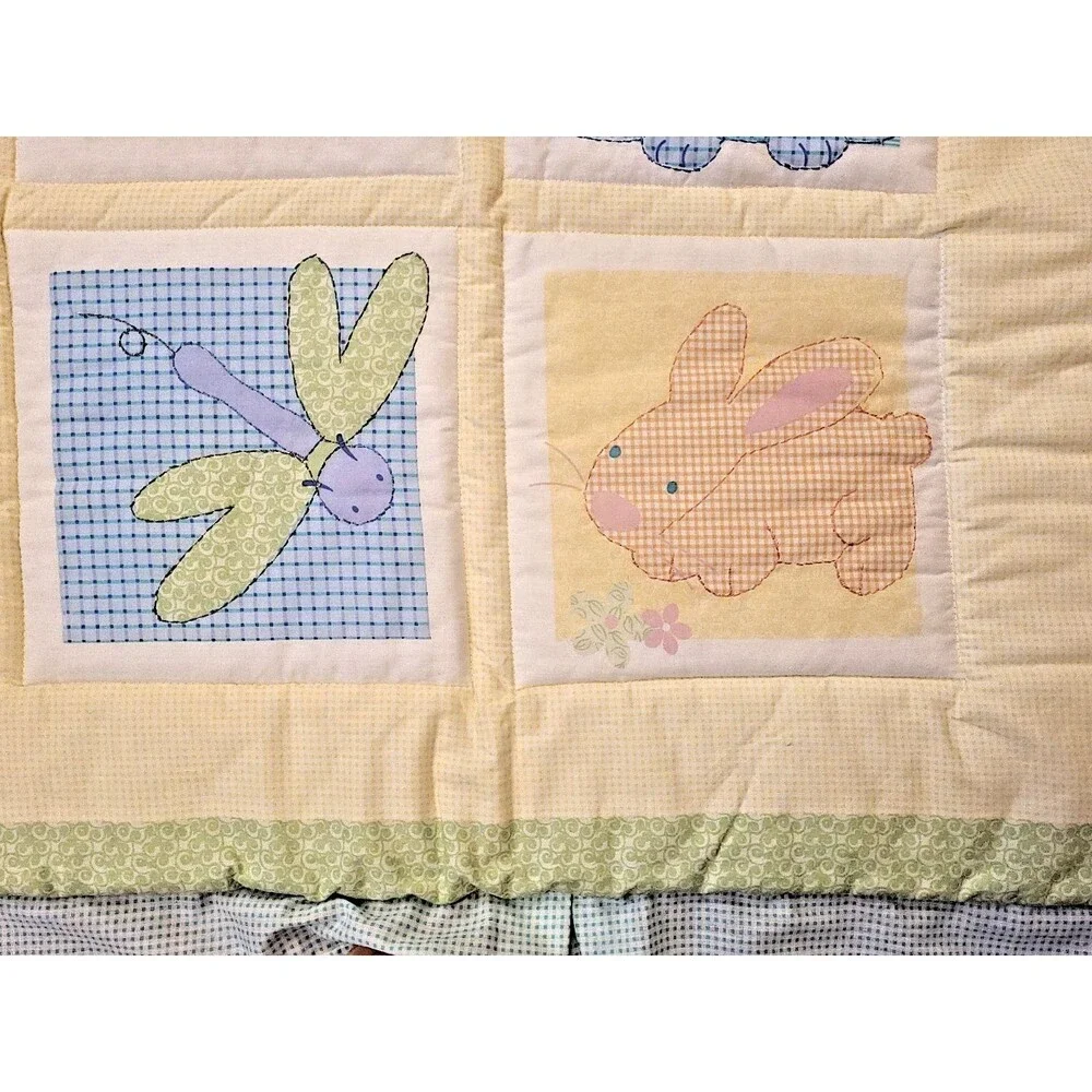 VINTAGE Carters Tykes Baby Blanket Quilt Bee Duck Chick Dog Bunny Squares Ruffle